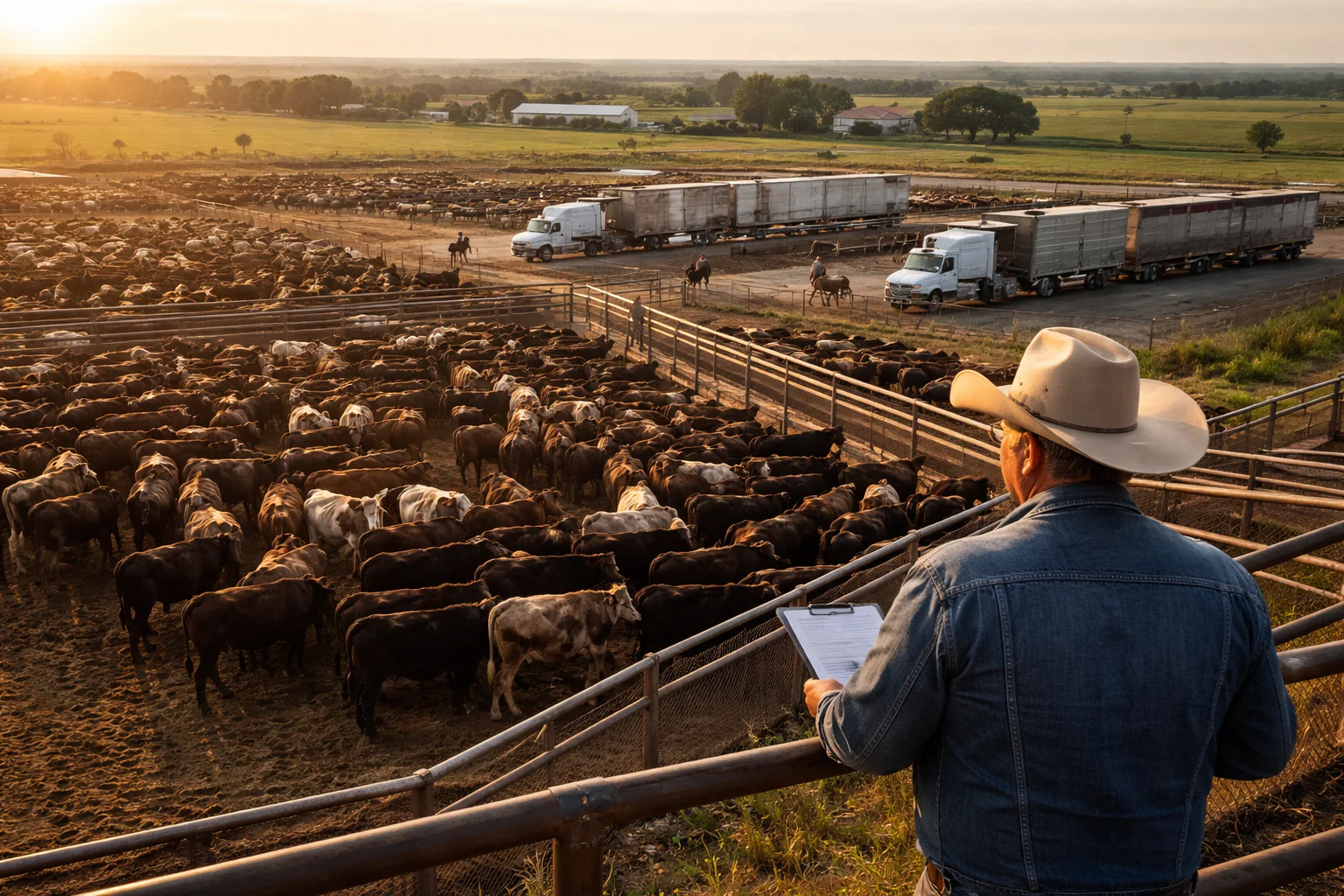 rancher at tranport lot of cattle