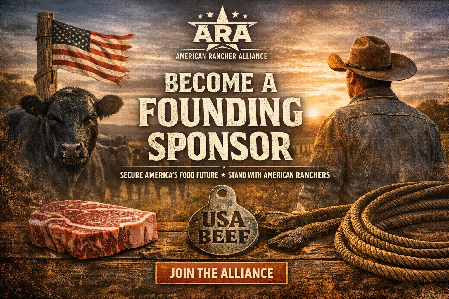 American Rancher Alliance Join as a sponsor picture of rancher and cattle with an American flag a cut of prime beef and a rope